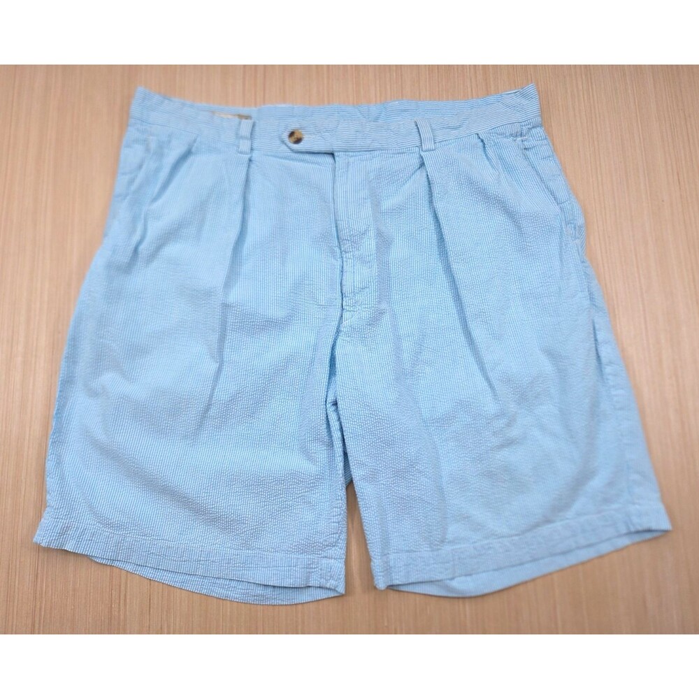 Peter Millar Men's 36 Shorts Blue White Stripes Seersucker Pleated 100% Cotton